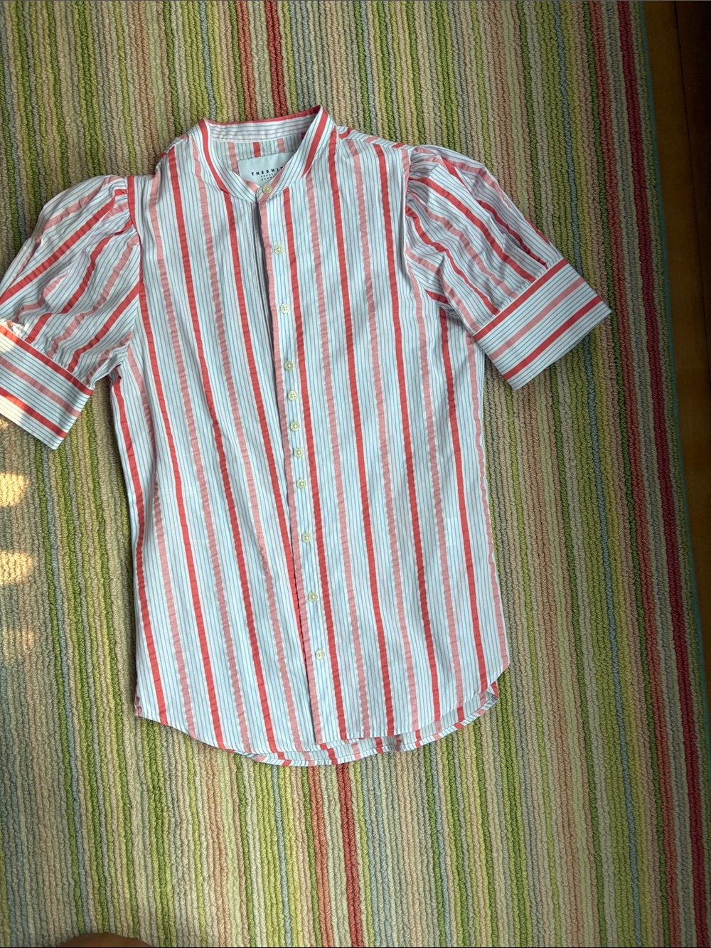 The Shirt by Rochelle Behrens Red & White Striped Button-Down Women's Top